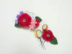 つまみ細工　髪飾り　椿風コーム　Uピン