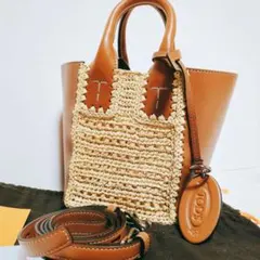 TOD’S トッズ ダブル アップ ミニ レザー＆ラフィア トートバッグ