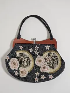 ビーズ刺繍 和装用 がま口バッグ★花柄 総ビーズ 補修あり