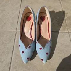 デニムハート模様　ヒールパンプス