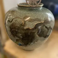 福島県伝統工芸品大堀相馬焼花瓶飾り壺17cm青ひび貫入金彩走り駒馬の