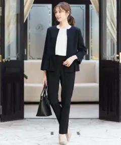 お洒落ママ フロリアペプラムジャケット×グリーンレーベルパンツ ママスーツ 上品