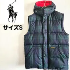【美品】ポロラルフローレン ダウンベスト 緑×紺 タータンチェック フード付