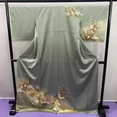 BY7006 身丈171 灰緑　訪問着　着物　正絹　秋草花