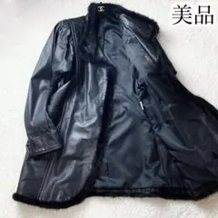 ★希少 ヴィンテージ カウレザー リアルファー ロングコート パフスリーブ 黒