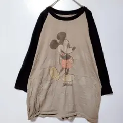 ミッキー ラグランTシャツ 7分袖 カーキ×黒 ディズニーランド 古着 XL