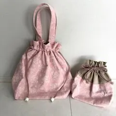 お着替え袋 お弁当袋 2点セット 花柄 刺繍 ピンク 女の子 ポケット付き