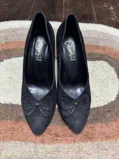 YSL 黒 リボン付きパンプス 371/2 レトロ イヴ・サンローラン