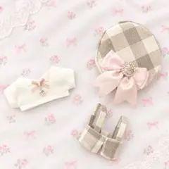 いつぬい 12cmぬい服 3点 （ベレー帽、シャツ、サロペット）チェック