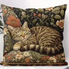 新品 クッションカバー 刺繍風 プリント 猫 ネコ 動物 リアル 寝顔 可愛い