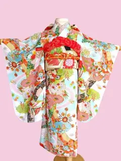 アンティーク水色白の着物に作り帯