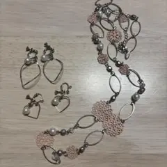 ピンク ゴールド レース風ネックレス イヤリング付き