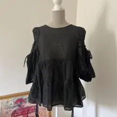 MEIMEIJ 肩あき オープンバック リボン フリル トップス ブラック 38