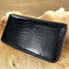 美品 定12万 最高峰 クロコダイル ポロサス 一枚革 多収納 長財布 黒