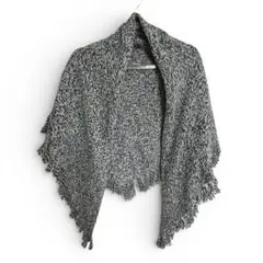 フリンジ付きニットショール ポンチョ風 モノトーン 秋冬