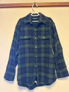 POLO 長袖チェックシャツ 肘当て付き ネイビーグリーン
