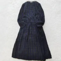 フォグリネンワーク チェックリネンラップワンピース ギャザー 長袖 ネイビー