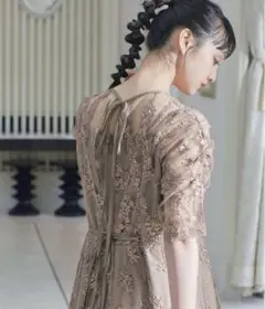 ニアナ刺繍レースバックリボン パーティードレス結婚式成人式二次会