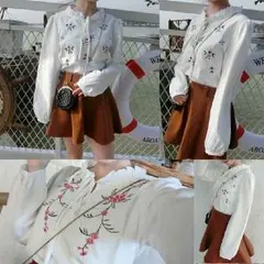 残りわずか！花柄刺繍ブラウスフリル　白　フリーサイズ