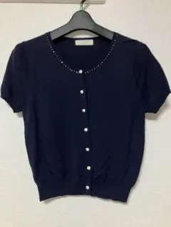 any sis ネイビー 半袖カーディガン ビジュー付き