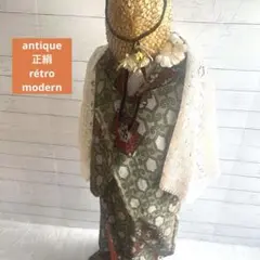 6247◆アンティーク着物袷 小紋 幾何学模様 モダン 大正ロマン 正絹 カーキ