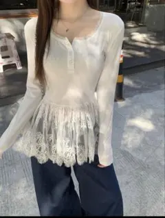 新品未使用品！！人気！！SHEIN DAZY レース付きホワイト長袖トップス