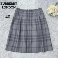 バーバリーロンドン　チェックスカート　ウール混　タック グレー　L 日本製　膝丈