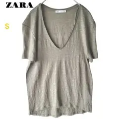 【ZARA/ザラ】 Vネック薄手の 半袖ニットトップス オリーブグリーンS