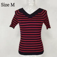 【美品】 PLST プラステ 半袖 Vネック リブニット ボーダー M 赤 黒