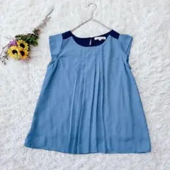 【Ｍ】grove　半袖カットソー　プリーツ　Aライン　チュニック　紺　水色