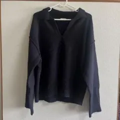 ネイビー Vネック ポロスタイル 長袖ニット