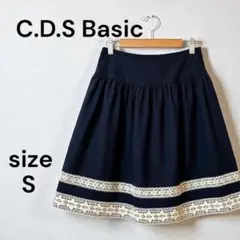 【C.D.S Basic】フレアスカート 裏地 膝丈 柄デザイン S ネイビーのサムネイル