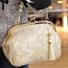着物手提げバック パーティーバック がま口 フォーマル パール 花柄刺繍