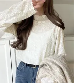 透け感で魅せる上品レイヤード。プチハイネック花柄レースメロウトップス（長袖）