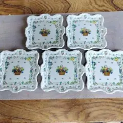 花と果物のバスケット皿 　角皿　５枚セット　中古品