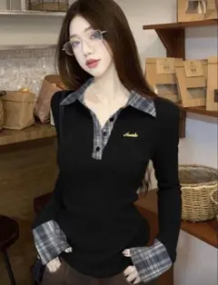 SHEIN チェック襟付きリブニット