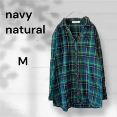 ネイビーナチュラル　長袖シャツ（M）チェック柄　グリーン系　Vネック 春秋