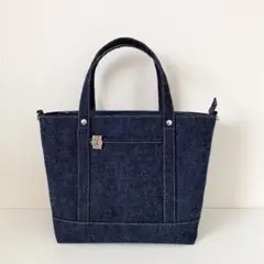岡山デニム　あおりポケットトートバッグ　長め開け口ファスナー　ハンドメイド