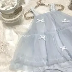 ベビードレス　チュールワンピース　1歳誕生日80　水色　りぼん　女の子　結婚式