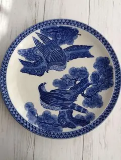 昭和レトロ 藍の鳥と松柄の大皿 30cm以上 T-15