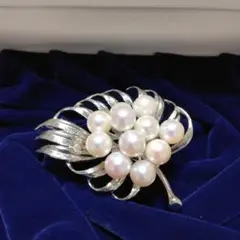 あこや真珠 シルバー 葉デザイン ブローチ