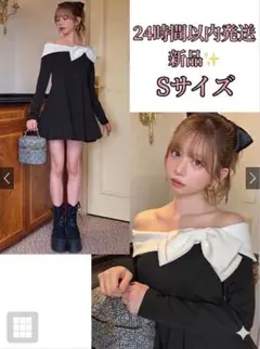 GRL 配色リボンオフショルダーミニワンピース[sm375] ブラック　Sサイズ