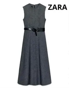 ZARA　ザラ　ベルト付きジャガード　ミディ丈ワンピース