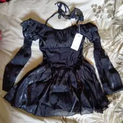 オフショルダー フリル ワンピース水着 ブラック