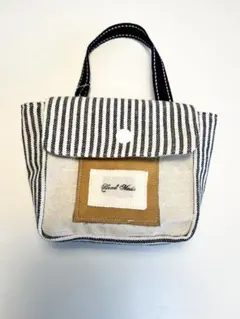 バッグにつけれるミニポーチ[ハンドメイド]紺白ストライプ、アイボリーの組み合わせ