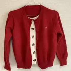 ニットカーディガン　ベスト付き　リボンボタン　赤白　Mサイズ