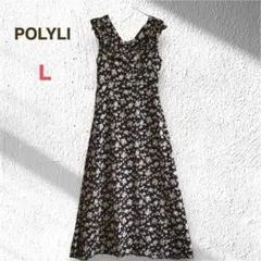 POLYLI 花柄 ロングワンピース L ブラック 裏地あり マキシ丈 リボン