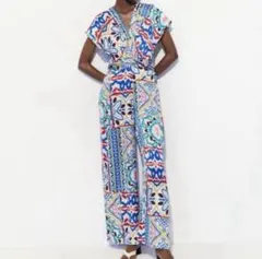 【美品】 ZARA プリント サテン ジャンプスーツ オールインワン
