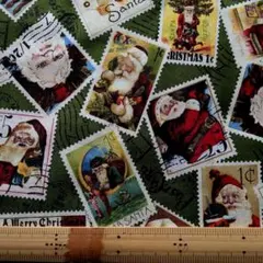 切手サンタ柄 深緑地　110cm Quilting Treas→ures