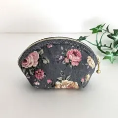 ピンクローズ　シェル型　ラウンドファスナーポーチ　ハンドメイド